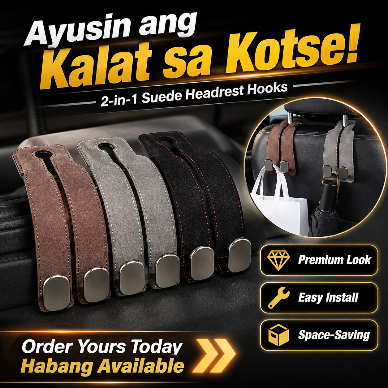 2-in-1 Suede Car Seat Headrest Hooks
