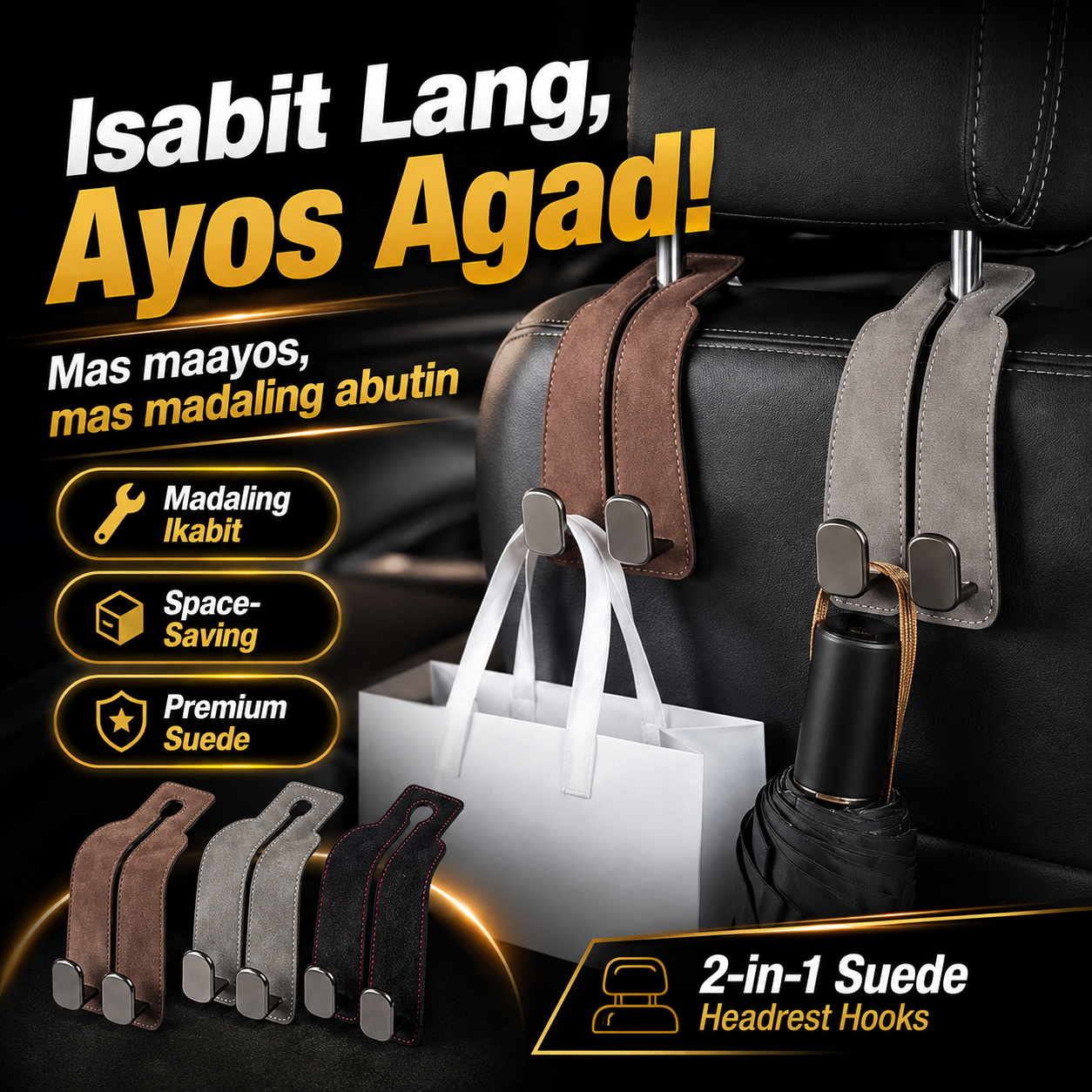 2-in-1 Suede Car Seat Headrest Hooks