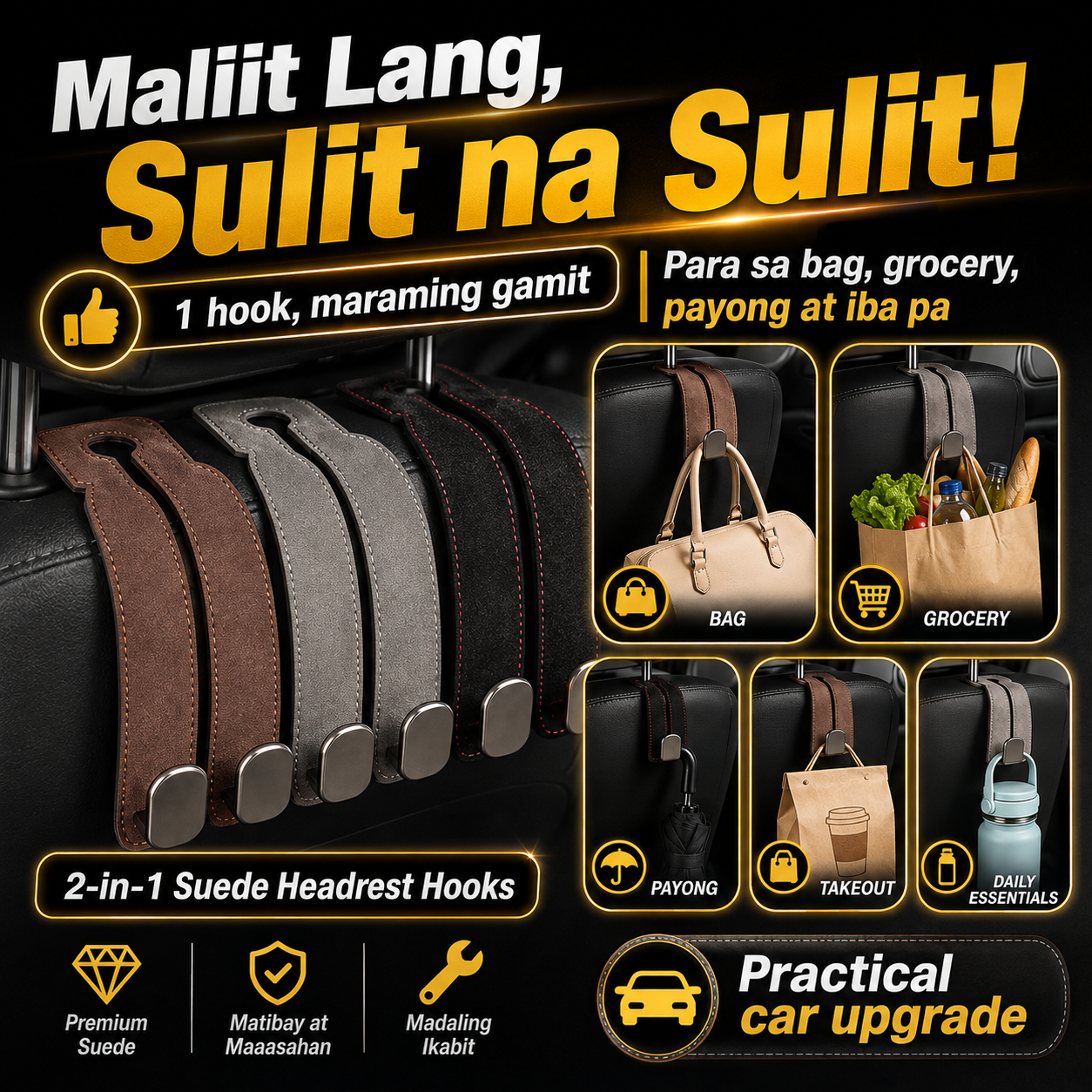 2-in-1 Suede Car Seat Headrest Hooks