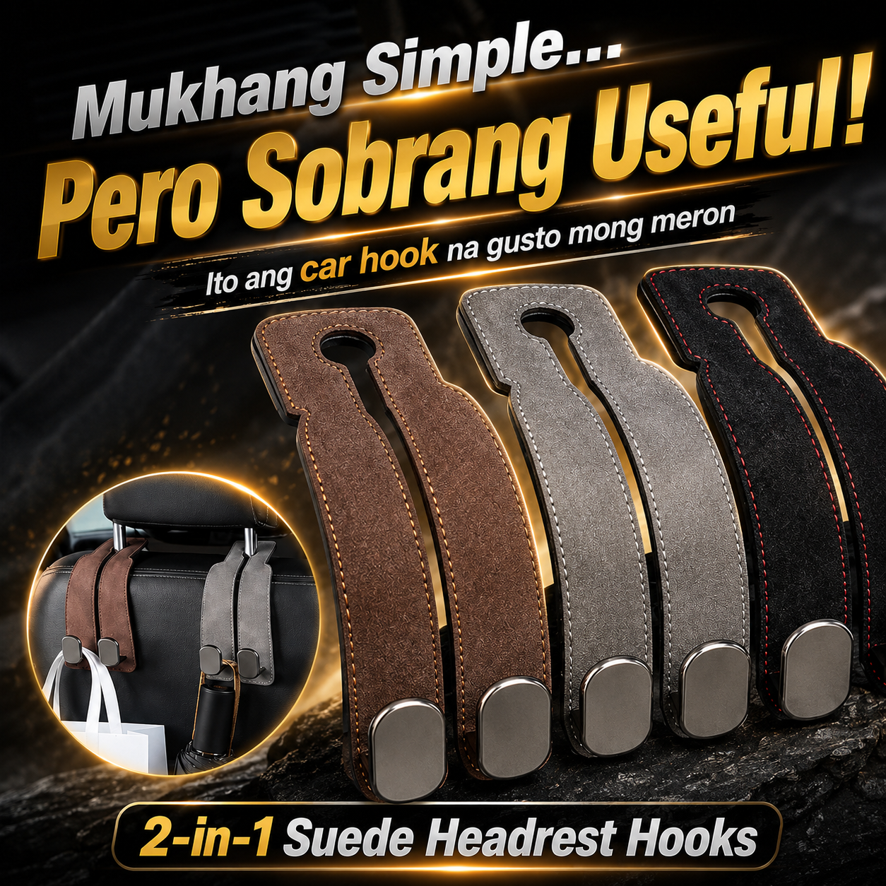 2-in-1 Suede Car Seat Headrest Hooks
