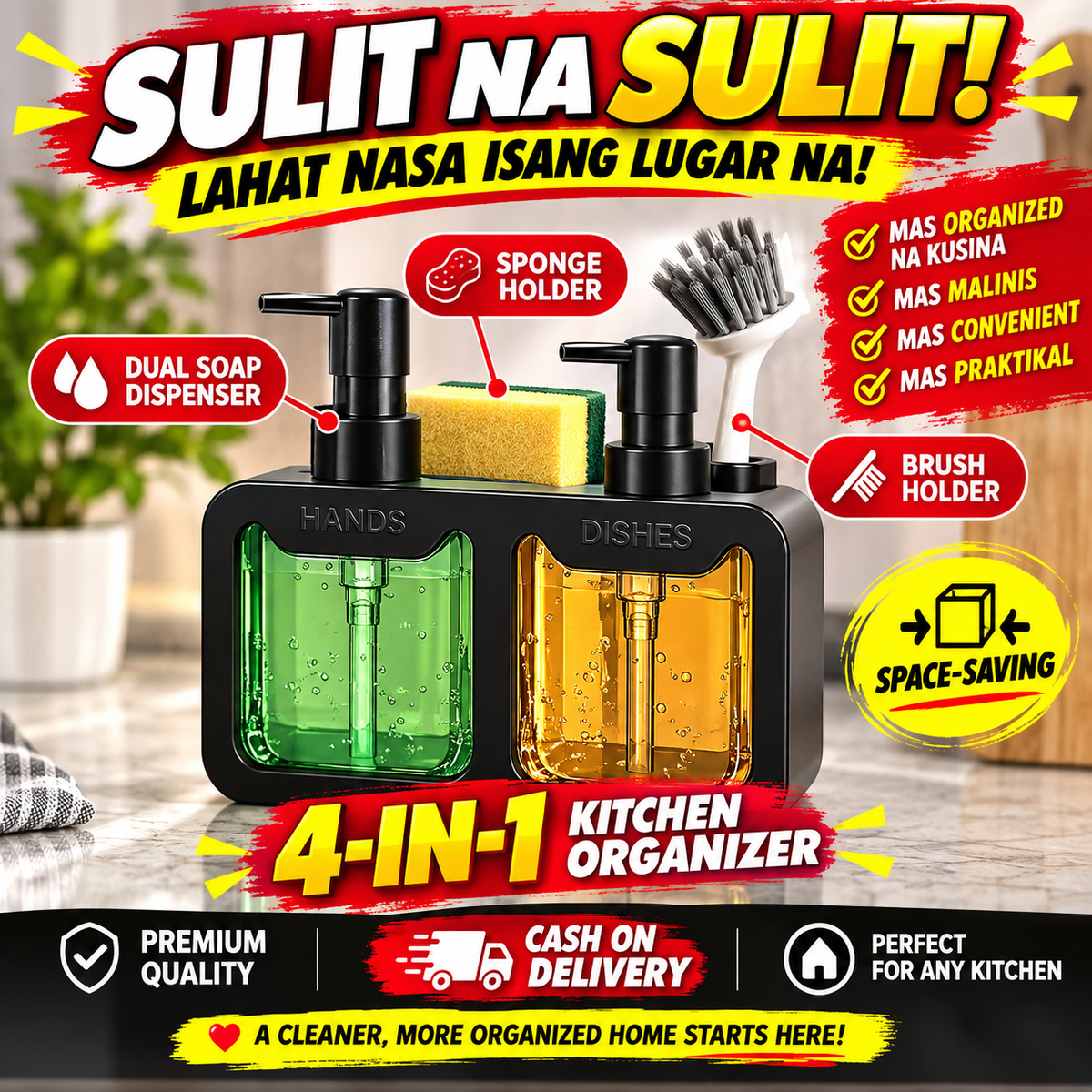 Dual Soap Dispenser with Sponge and Brush Holder