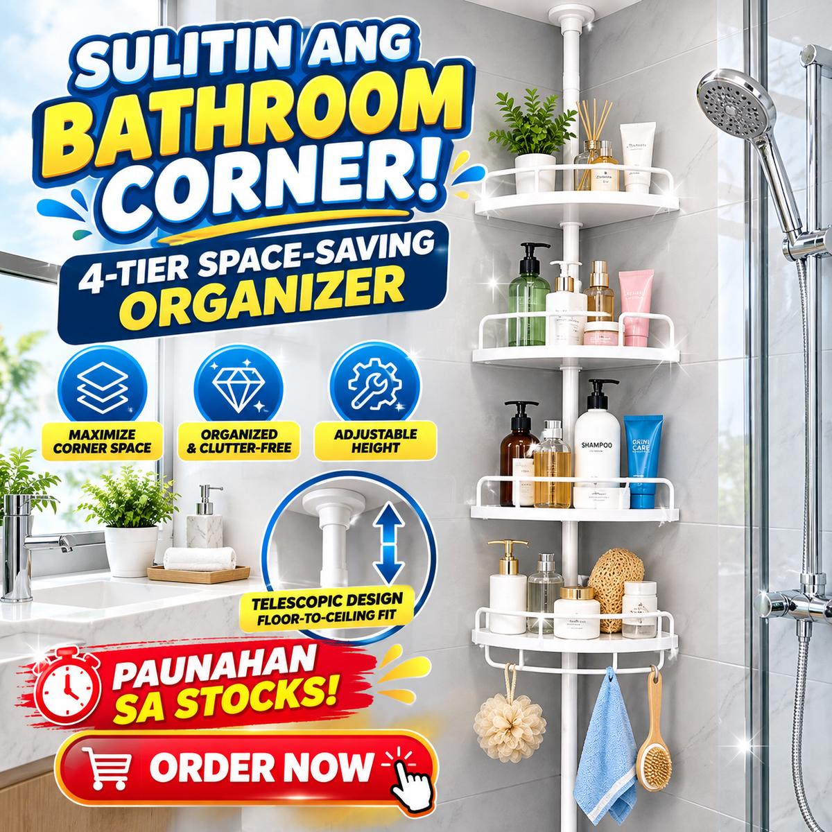 Adjustable 4-Tier Telescopic Bathroom Corner Shelf