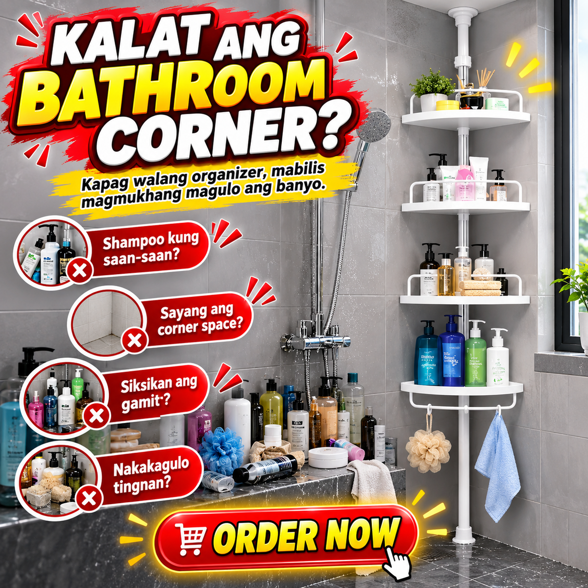Adjustable 4-Tier Telescopic Bathroom Corner Shelf