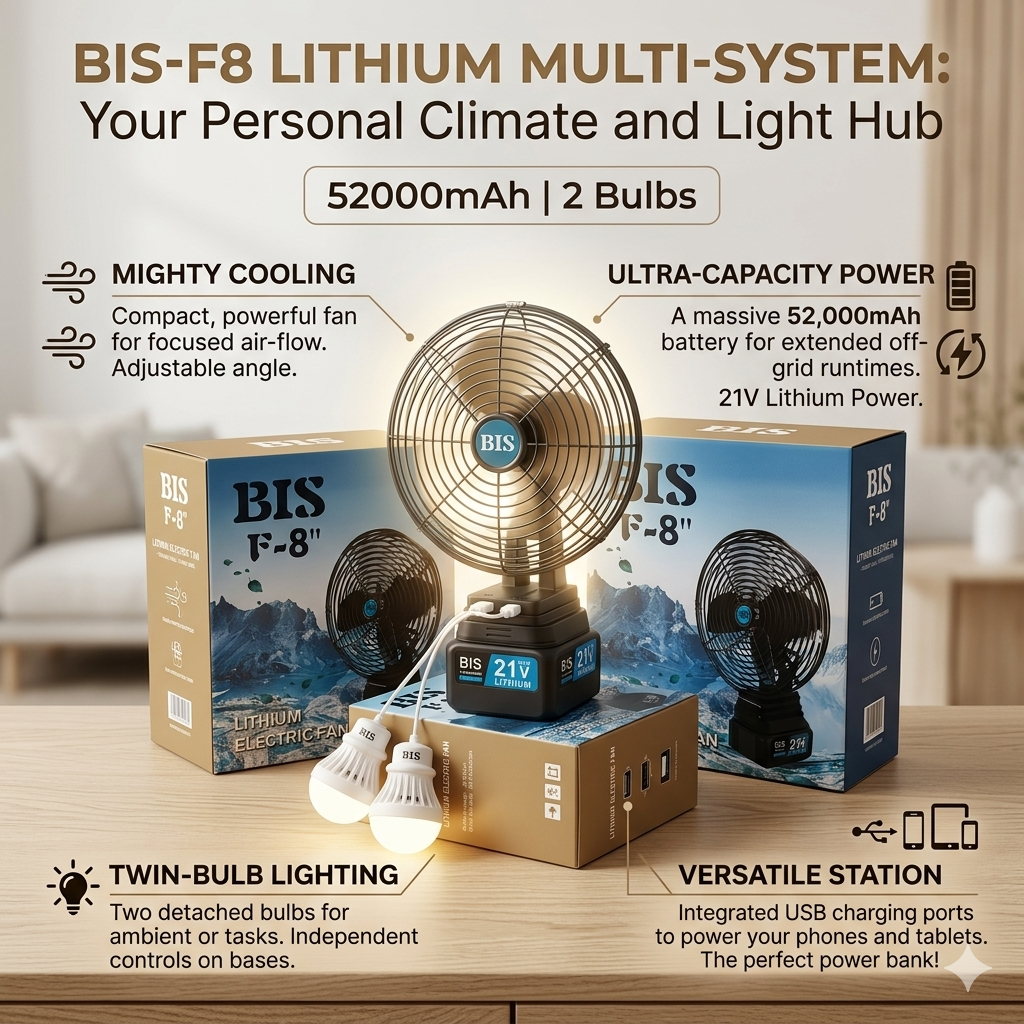 BIS F-8 Rechargeable Lithium Electric Fan with Two Bulbs