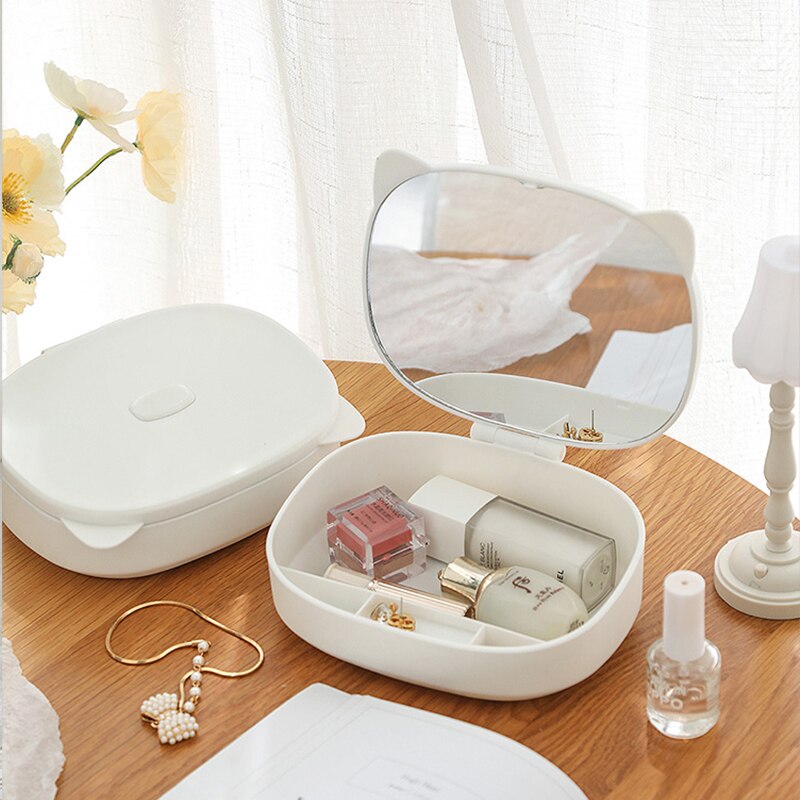 Cute Cat Design Compact Mirror with Storage Compartment