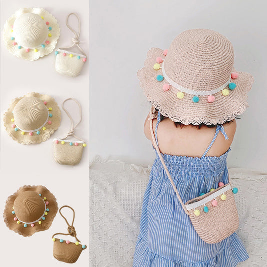 Little Girls Sun Straw Hat and Bag Set