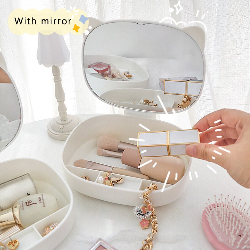 Cute Cat Design Compact Mirror with Storage Compartment