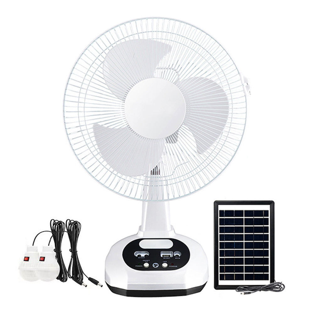12 Inch Solar Power Desk Fan with Two Light Bulb