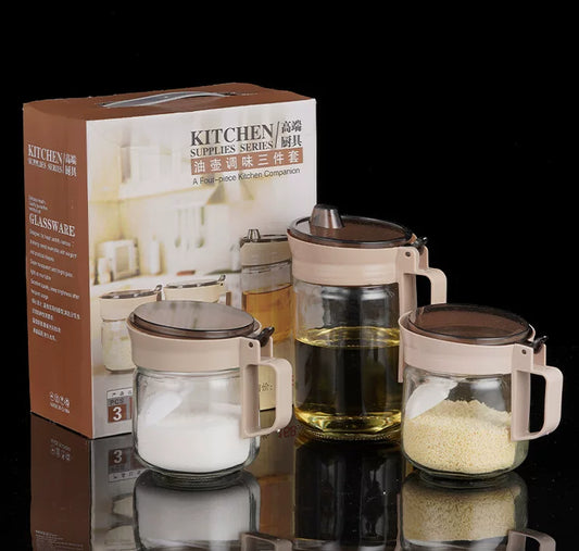 3-Piece Glass Oil Jar & Seasoning Container Set