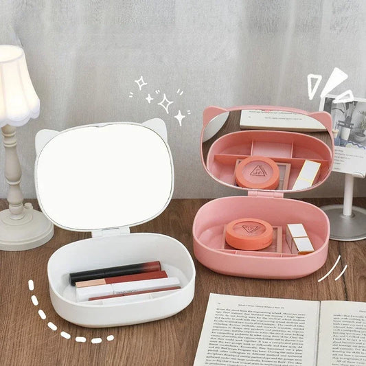 Cute Cat Design Compact Mirror with Storage Compartment