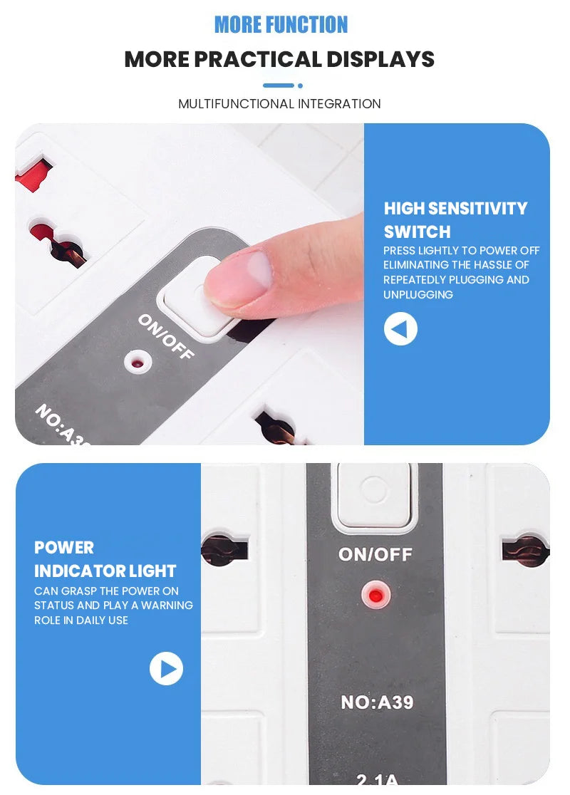 Multifunction Power Extension Cord with 6 Universal Socket and 5 USB Outlets