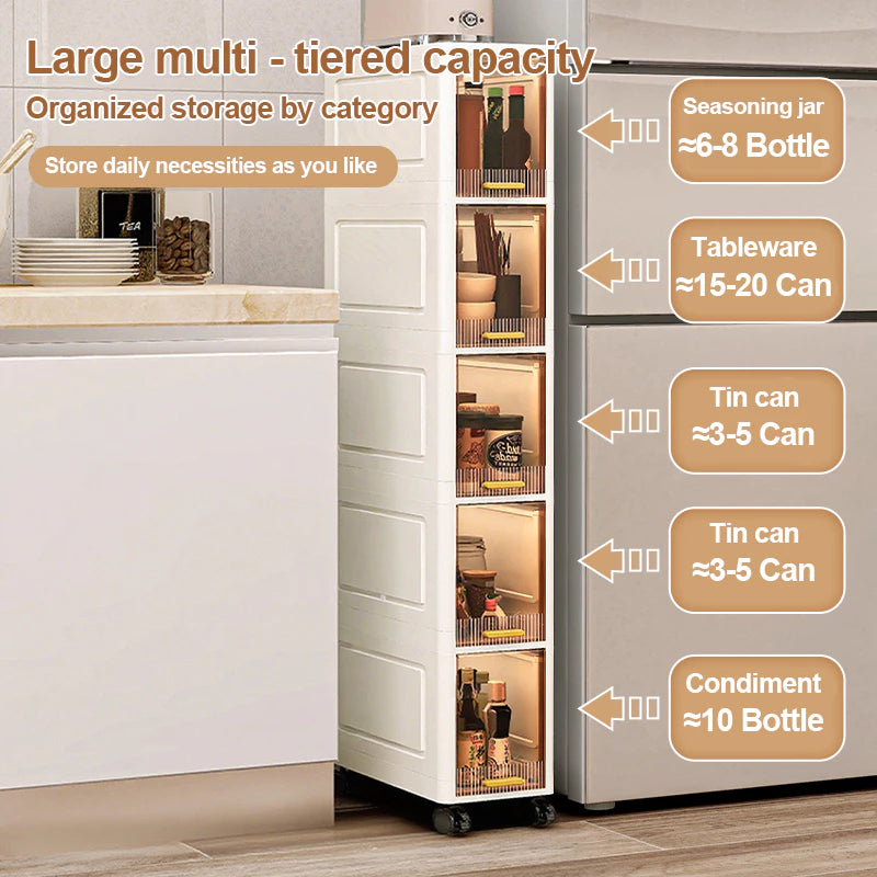 Tall Narrow Storage Cabinet with Movable Wheels and Magnetic Doors