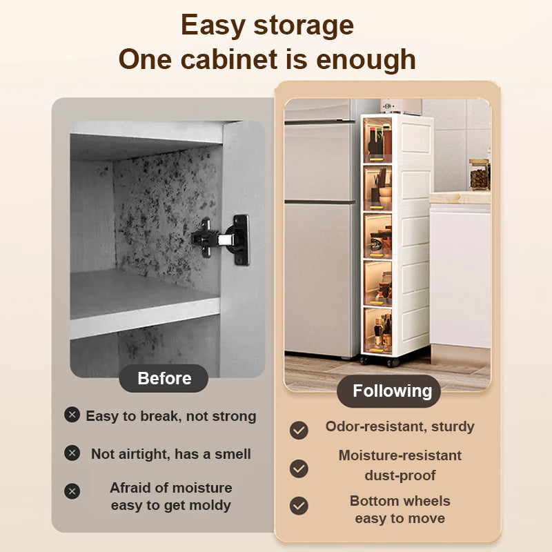 Tall Narrow Storage Cabinet with Movable Wheels and Magnetic Doors