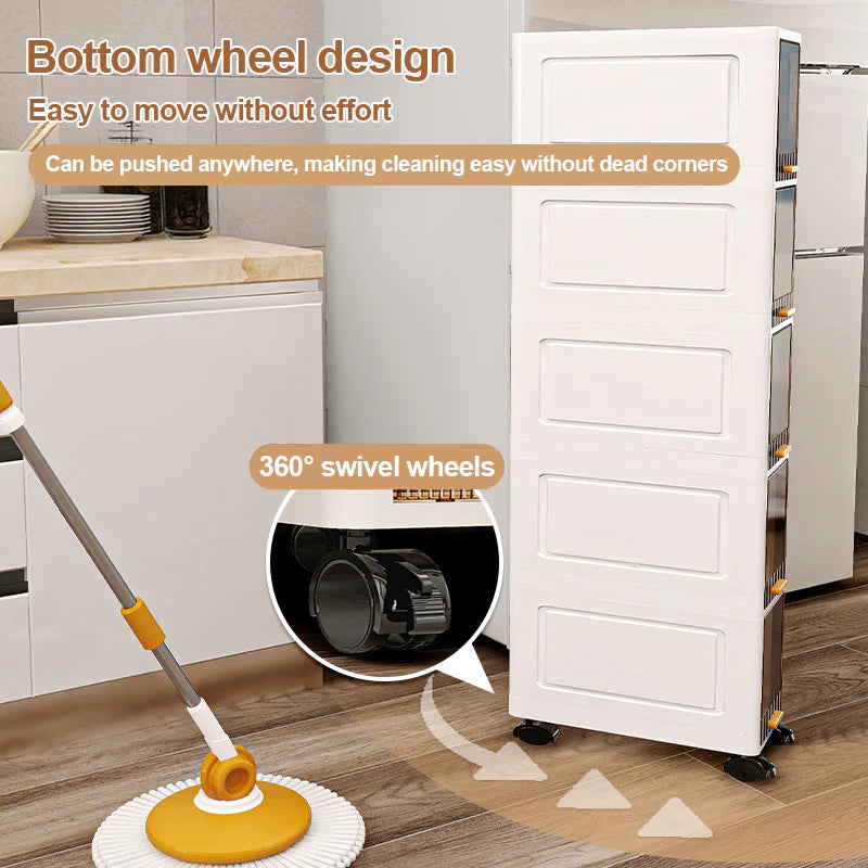 Tall Narrow Storage Cabinet with Movable Wheels and Magnetic Doors