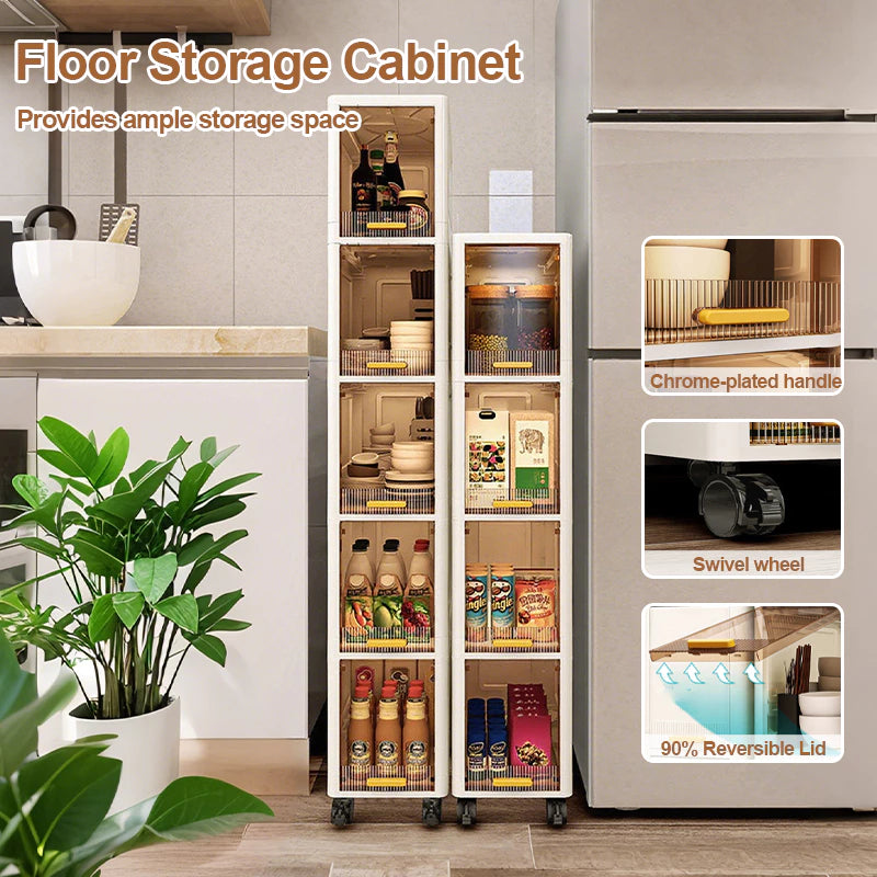 Tall Narrow Storage Cabinet with Movable Wheels and Magnetic Doors