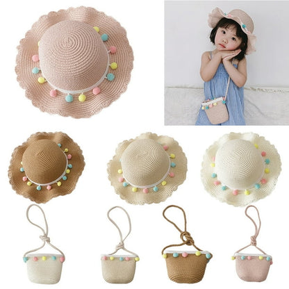 Little Girls Sun Straw Hat and Bag Set