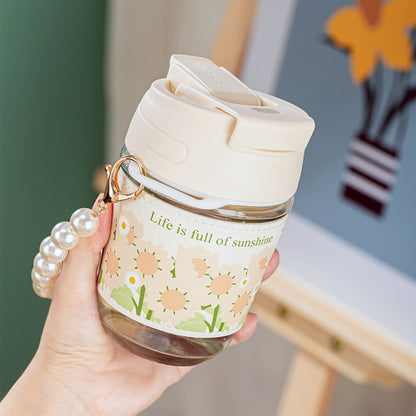 Double Drinking Straw Cup Glass Tumbler with Pearl Strap