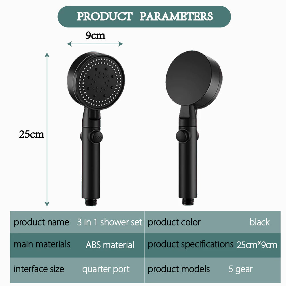 3-Piece Black Shower Head Set