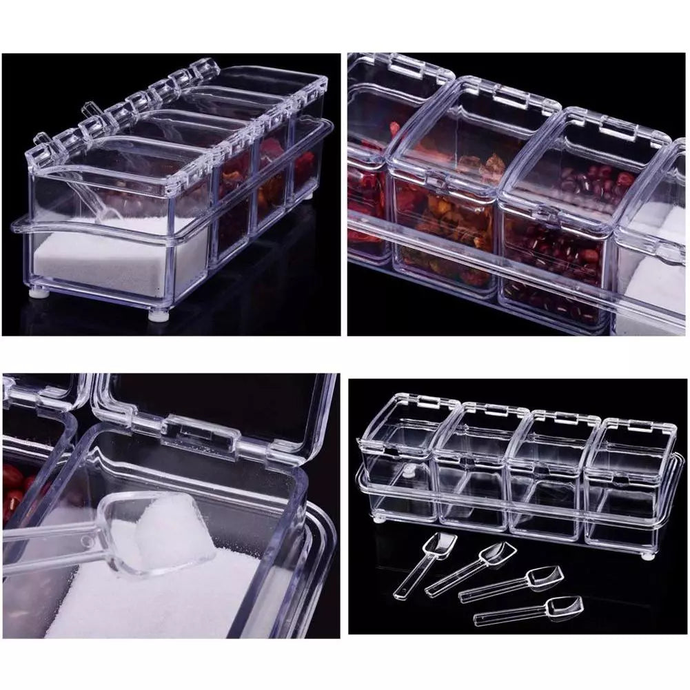 Clear Acrylic 4-Compartment Spice & Condiment Organizer with Spoons