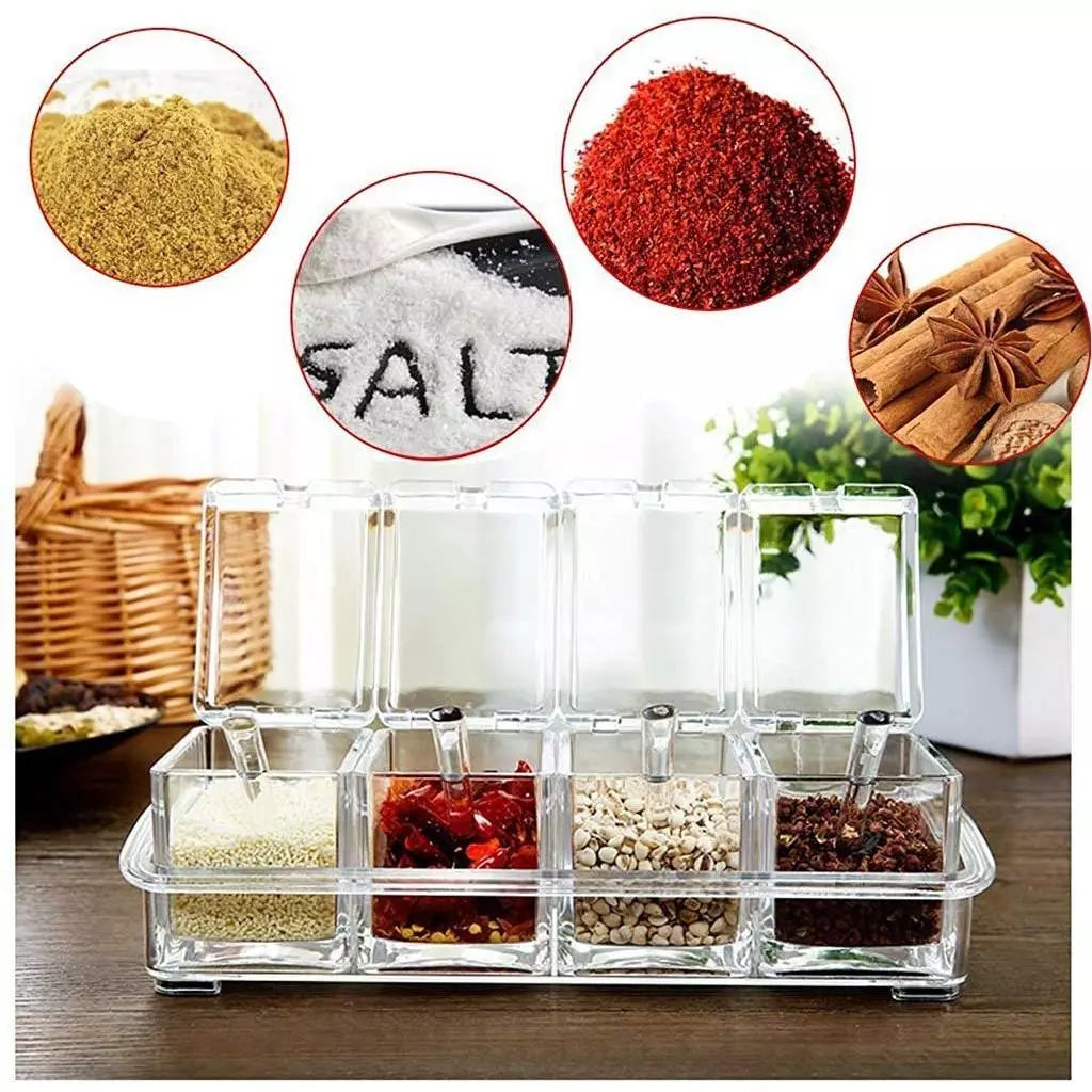 Clear Acrylic 4-Compartment Spice & Condiment Organizer with Spoons