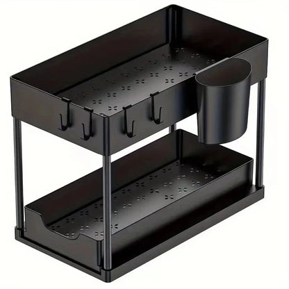 Multi-Purpose 2 Tier Under Sink Organizer with Hooks and Sliding Drawer