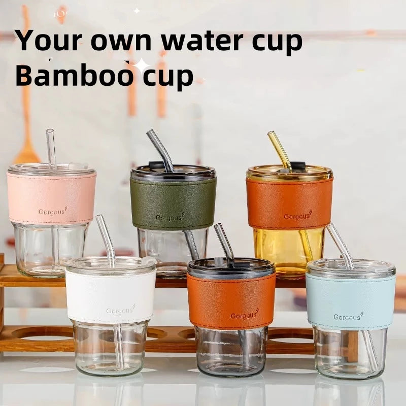 Bamboo Joint Glass Cup with Leather Sleeve