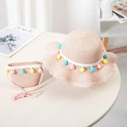 Little Girls Sun Straw Hat and Bag Set
