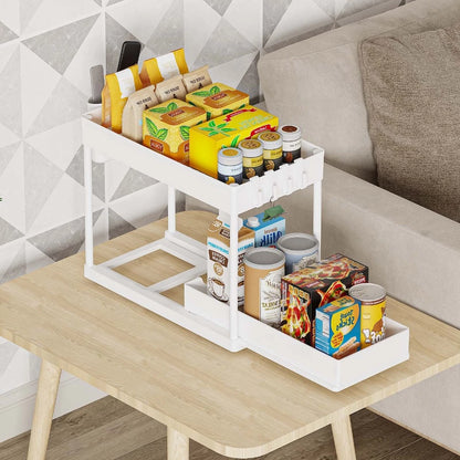 Multi-Purpose 2 Tier Under Sink Organizer with Hooks and Sliding Drawer