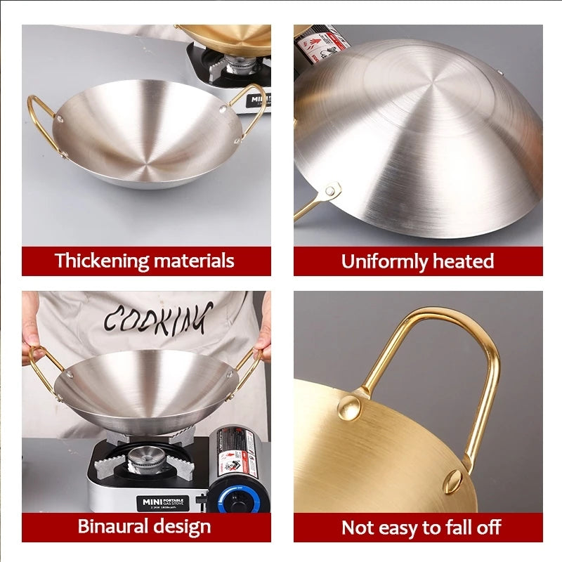 Stainless Steel Frying Pan Wok With Double Gold Handles
