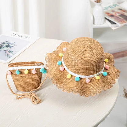 Little Girls Sun Straw Hat and Bag Set
