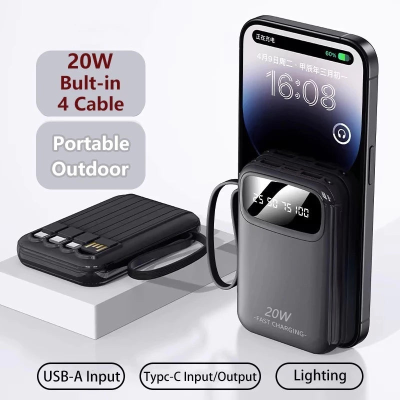 KC88 20000mAh Power Bank with Built-in 4 Charging Cables and Flashlight