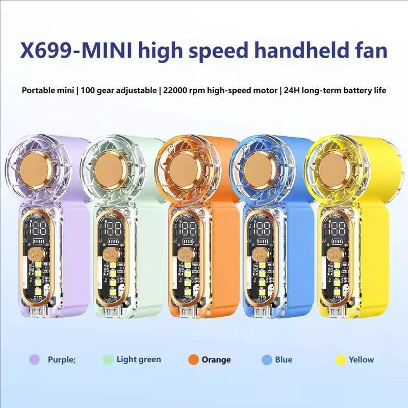 X699 Transparent Mini Handheld Fan - Rechargeable w/ Light & Digital Display