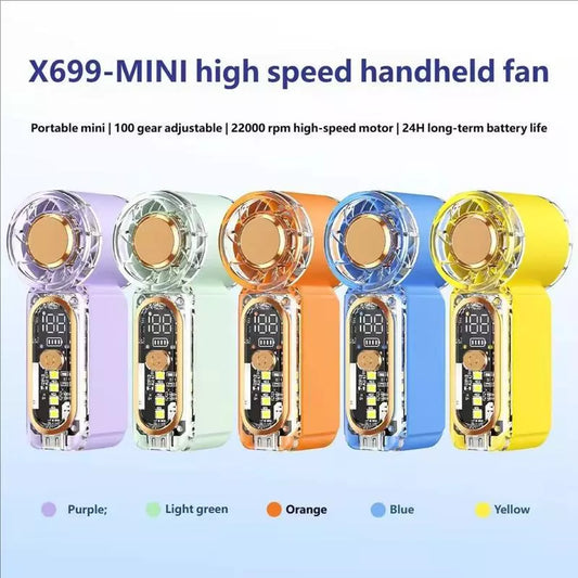 X699 Transparent Mini Handheld Fan - Rechargeable w/ Light & Digital Display