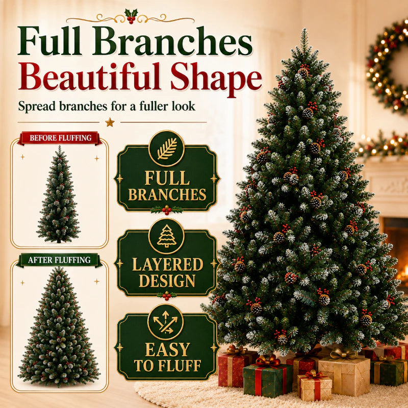 Snow Flaked Christmas Tree with Berries and Pine Cones