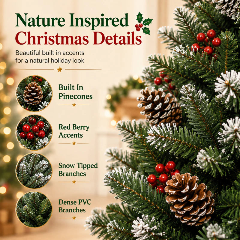 Snow Flaked Christmas Tree with Berries and Pine Cones