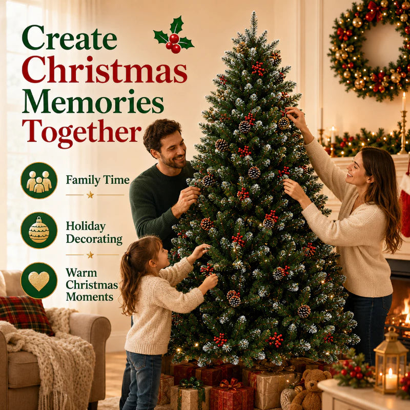 Snow Flaked Christmas Tree with Berries and Pine Cones