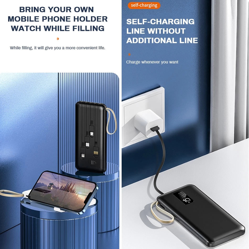 20000mAh Power Bank with Built-in Four Cables & Flashlight