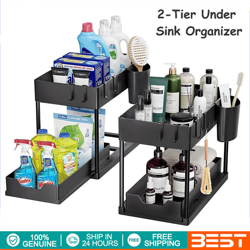 Multi-Purpose 2 Tier Under Sink Organizer with Hooks and Sliding Drawer