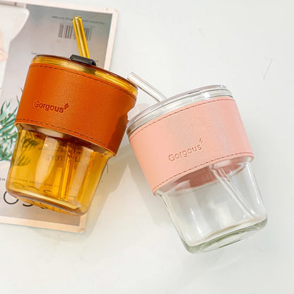 Bamboo Joint Glass Cup with Leather Sleeve