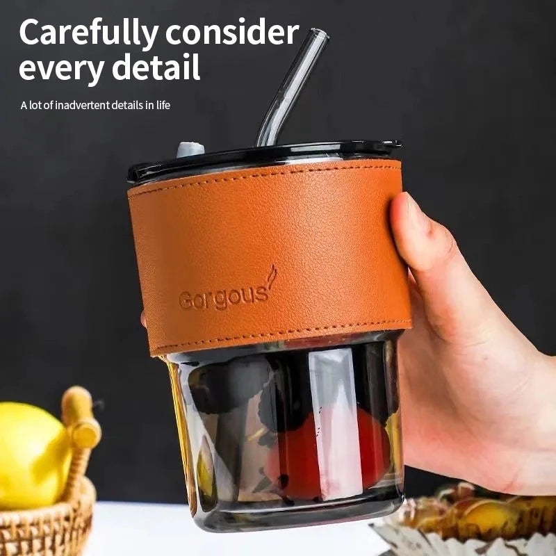 Bamboo Joint Glass Cup with Leather Sleeve