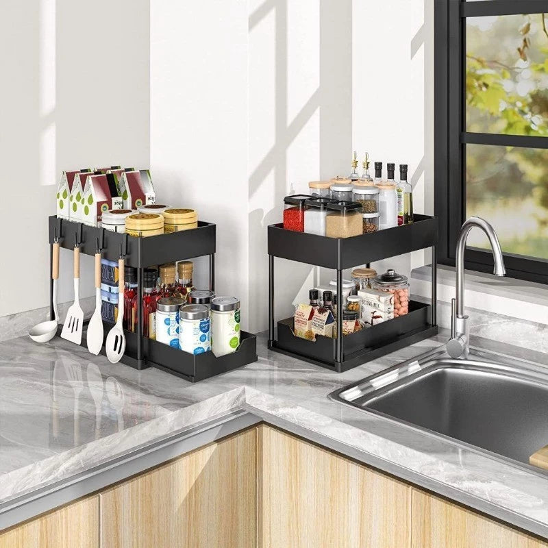 Multi-Purpose 2 Tier Under Sink Organizer with Hooks and Sliding Drawer