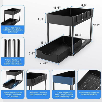 Multi-Purpose 2 Tier Under Sink Organizer with Hooks and Sliding Drawer
