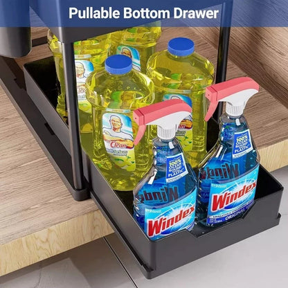 Multi-Purpose 2 Tier Under Sink Organizer with Hooks and Sliding Drawer